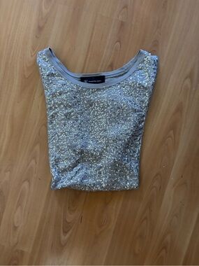 INC International Concepts Silver Sequin Short Sleeve Tee